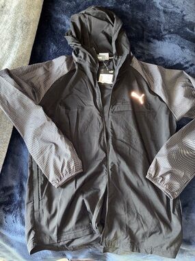 Puma Black Hooded Windbreaker with Gray Patterned Sleeves
